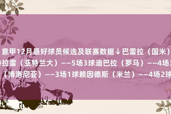 意甲12月最好球员候选及联赛数据↓巴雷拉（国米）——4场2球2助攻德凯特拉雷（亚特兰大）——5场3球迪巴拉（罗马）——4场3球1助攻恩多耶（博洛尼亚）——3场1球赖因德斯（米兰）——4场2球罗维拉（拉皆奥）——4场1助攻    体育集锦